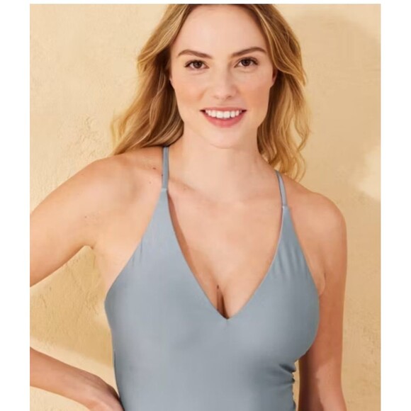 NWT Shade & Shore Metallic Blue plunge High Leg Cheeky One Piece Swimsuit - Picture 3 of 3